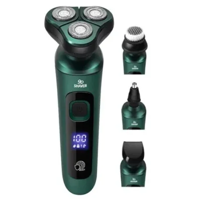 Електробритва 4 в 1 Shaver 9D зелена • Чоловіча акумуляторна роторна бритва з тримером, насадкою для носа, щіткою для обличчя та LCD-дисплеєм