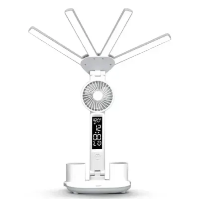 Настільна LED-лампа KRX-1011 з вентилятором, годинником і підставкою • Акумуляторний світильник із дисплеєм, сенсорним керуванням і 3 режимами світла для роботи, навчання та дому