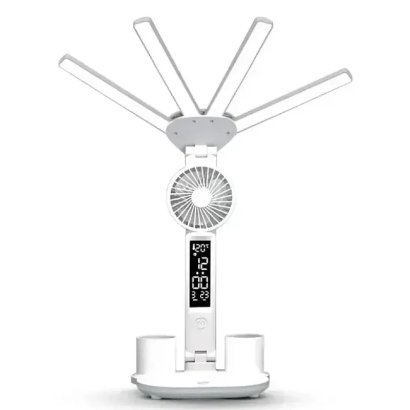 Настольная LED-лампа KRX-1011 с вентилятором, часами и подставкой • Аккумуляторный светильник с дисплеем, сенсорным управлением и 3 режимами света для работы, учебы и дома