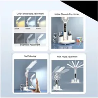Настольная LED-лампа KRX-1011 с вентилятором, часами и подставкой • Аккумуляторный светильник с дисплеем, сенсорным управлением и 3 режимами света для работы, учебы и дома