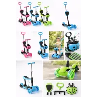 Трехколесный детский самокат 5 в 1 с родительской ручкой и сиденьем Scooter ∙ Самокат трансформер 18-1 для детей со светящимися колесами, регулируемой высотой руля и корзиной