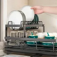 Двухуровневая сушилка для посуды BauTech чёрная 42,5х29,5х17 см • Настольная кухонная сушилка BauTech с держателем для тарелок и поддоном