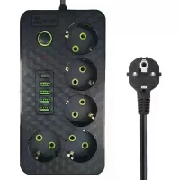 Мережевий фільтр HG-2505 на 5 розеток чорний • Подовжувач 3 м з 4 USB, Type-C, вимикачем і заземленням для дому та офісу