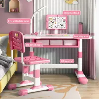 Дитяча парта зі стільцем регульована з лампою та підставкою для книг 26X-151 80×58 см рожева • Комплект зростаюча парта і стілець для навчання, малювання та занять удома • Дитячий стіл зі стільцем для дівчинки