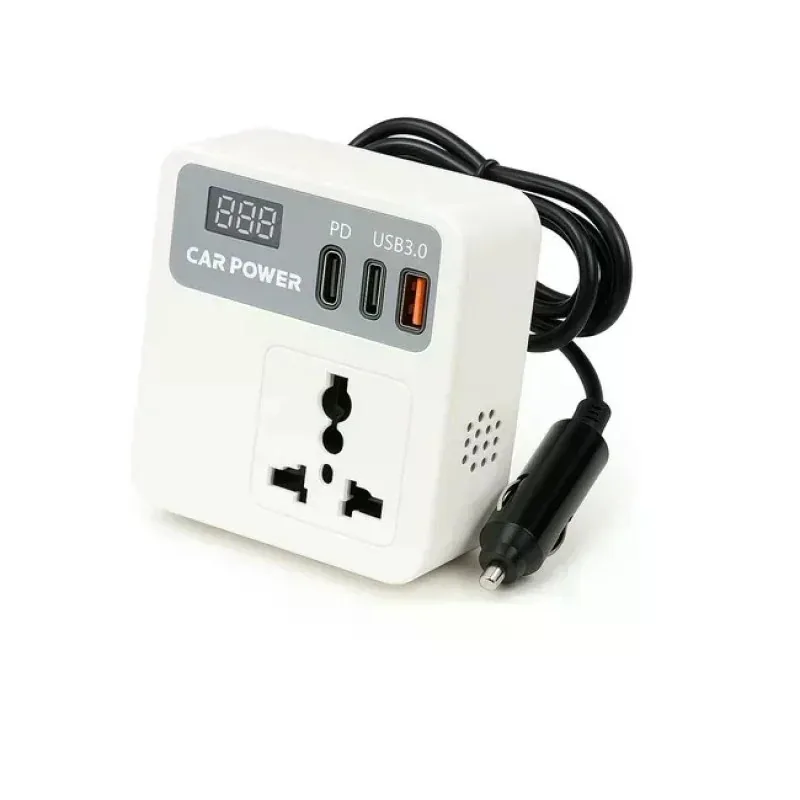 Автомобильный инвертор Car Power 150W 12V–220V • Преобразователь напряжения от прикуривателя 12V в 220V с 2 USB, Type-C PD и дисплеем