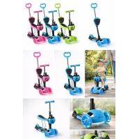 Трехколесный детский самокат 5 в 1 с родительской ручкой и сиденьем Scooter ∙ Самокат трансформер 18-1 для детей со светящимися колесами, регулируемой высотой руля и корзиной