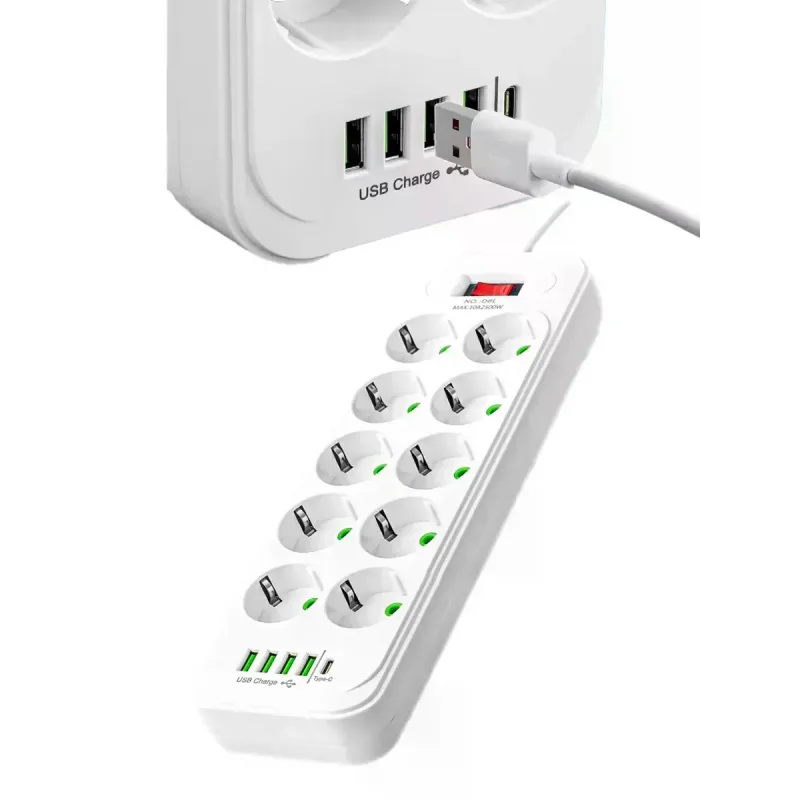 Мережевий подовжувач-фільтр PNS-02/D10 білий 5 м з LED-індикатором, 4 USB і PD Type-C • Розгалужувач живлення 10–220V для дому, офісу та техніки