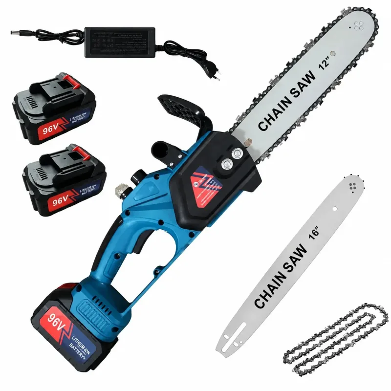 Акумуляторна ланцюгова пилка DOMOTEC Chain Saw 12″/16″ 96V • Садова акумуляторна пилка DOMOTEC Chain Saw 12″/16″ 96V з 2 шинами 305/406 мм і 2 акумуляторами