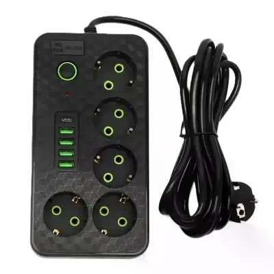 Мережевий фільтр HG-2505 на 5 розеток чорний • Подовжувач 3 м з 4 USB, Type-C, вимикачем і заземленням для дому та офісу