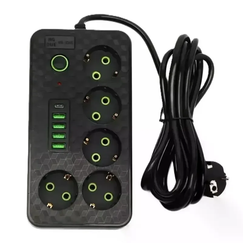 Мережевий фільтр HG-2505 на 5 розеток чорний • Подовжувач 3 м з 4 USB, Type-C, вимикачем і заземленням для дому та офісу
