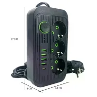 Мережевий фільтр Power Socket F09U 2500 Вт 2 м чорний • Подовжувач Power Socket F09U на 3 розетки з 4 USB, PD Type-C і вимикачем