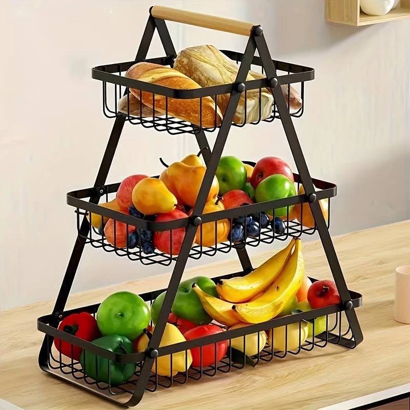Настольная трехъярусная корзина - фруктовница с деревянной ручкой Triple Fruit Basket · Разборная металлическая корзина для фруктов
