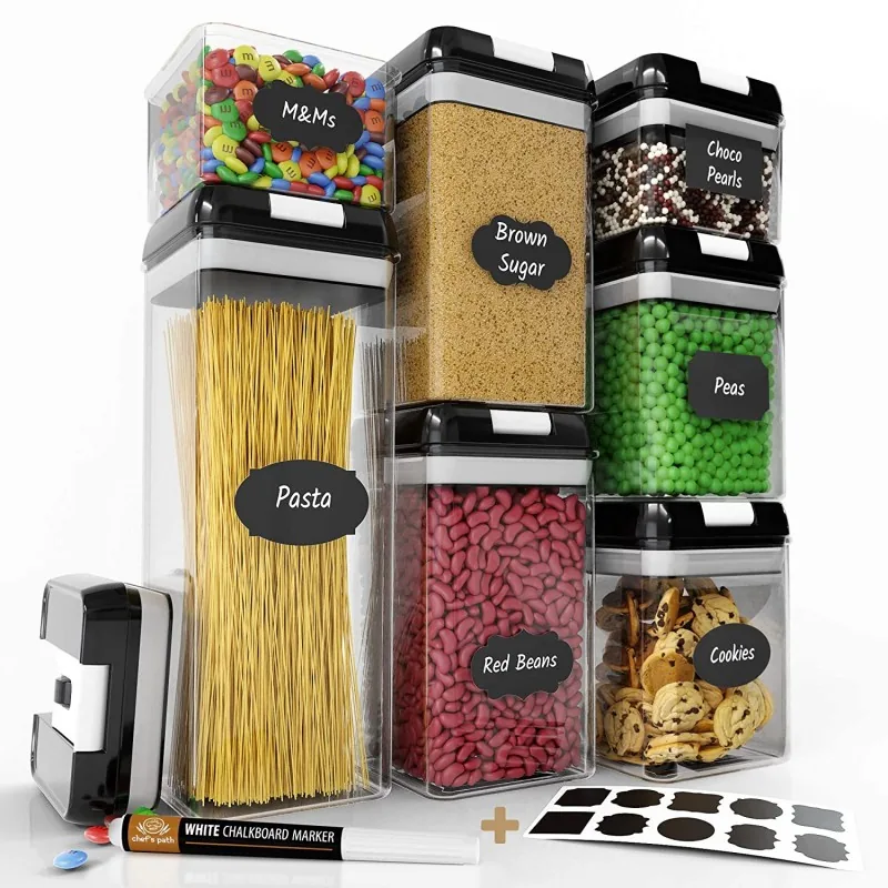 Набор контейнеров FOOD Storage Container Set для хранения еды, сыпучих и круп ∙ 7 емкостей с герметичными крышками ∙ 10 стикеров - этикеток + маркер в комплекте