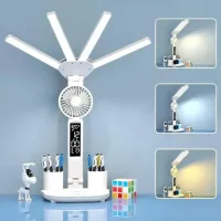 Настольная LED-лампа KRX-1011 с вентилятором, часами и подставкой • Аккумуляторный светильник с дисплеем, сенсорным управлением и 3 режимами света для работы, учебы и дома