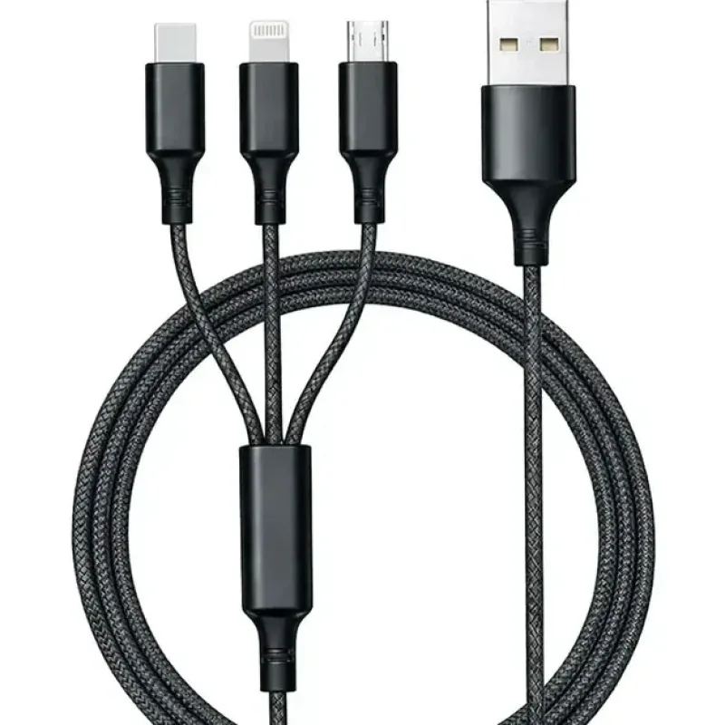 Кабель 3 в 1 26X-202 USB-A 1,2 м чёрный • Зарядный кабель 26X-202 Type-C Lightning Micro USB до 6A для быстрой зарядки и передачи данных