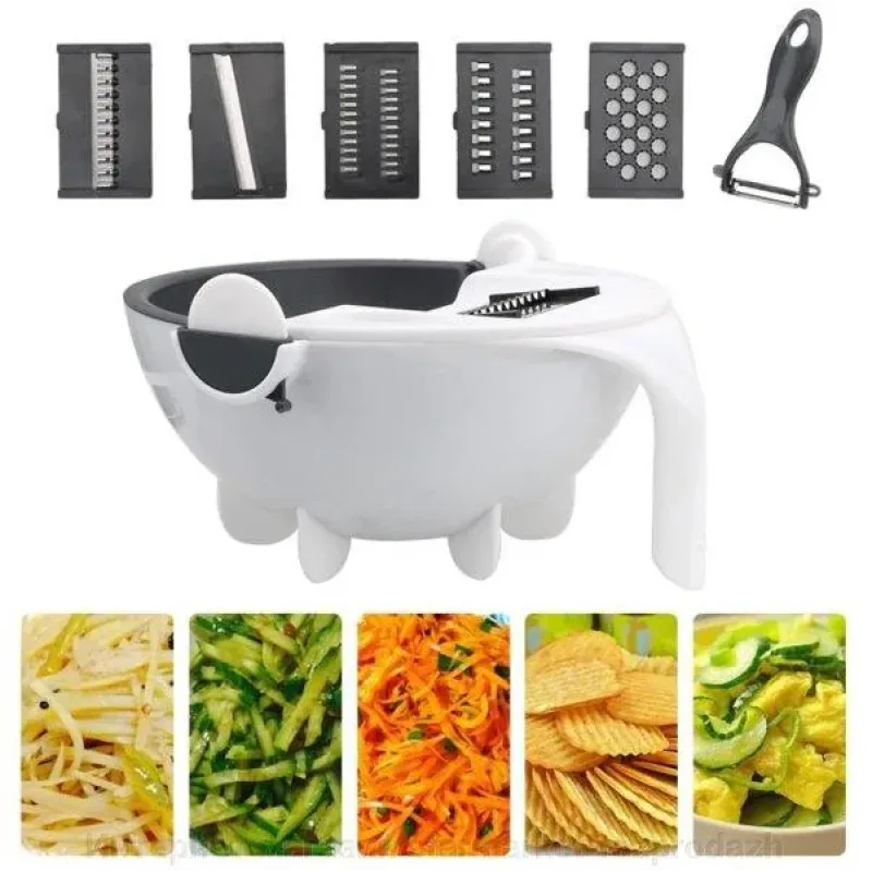 Овочерізка - мультислайсер з кошиком 9 в 1 WET BASKET VEGETABLE CUTTER Багатофункціональна ручна терка-шинковка з ємністю