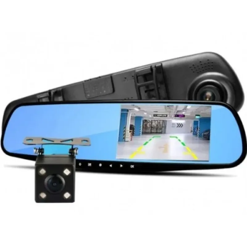Відеореєстратор – дзеркало Blackbox DVR AK47 з камерою заднього виду ∙ Автомобільний реєстратор на 2 камери Full HD ∙ Режим фото 5 МП ∙ Датчик руху/удару ∙ Нічна зйомка ∙ Мікрофон