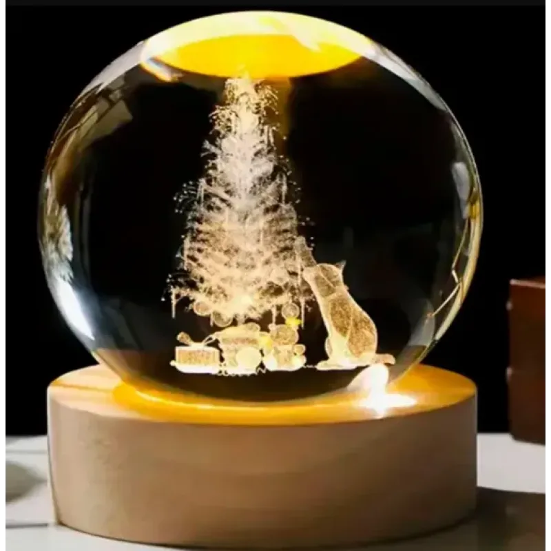 Декоративний Новорічний 3D нічник Кришталева Куля 8 см · Настільна лампа - світильник з 3D ефектом з новорічною тематикою