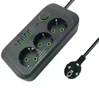 Мережевий фільтр Power Socket F09U 2500 Вт 2 м чорний • Подовжувач Power Socket F09U на 3 розетки з 4 USB, PD Type-C і вимикачем