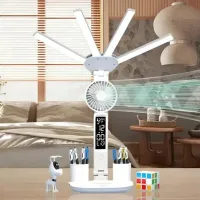 Настольная LED-лампа KRX-1011 с вентилятором, часами и подставкой • Аккумуляторный светильник с дисплеем, сенсорным управлением и 3 режимами света для работы, учебы и дома