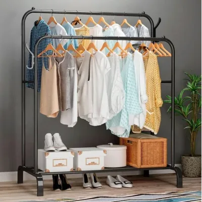 Подвійна стійка – вішалка для одягу Double floor Hanger з полицею для взуття, Ш104хГ41.5хВ152