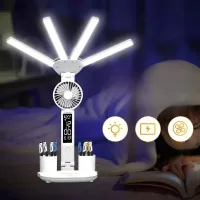 Настольная LED-лампа KRX-1011 с вентилятором, часами и подставкой • Аккумуляторный светильник с дисплеем, сенсорным управлением и 3 режимами света для работы, учебы и дома