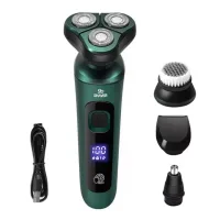 Електробритва 4 в 1 Shaver 9D зелена • Чоловіча акумуляторна роторна бритва з тримером, насадкою для носа, щіткою для обличчя та LCD-дисплеєм