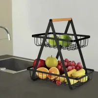 Настільний двоярусний кошик - фруктівниця з дерев'яною ручкою Double Fruit Basket · Розбірний металевий кошик для фруктів