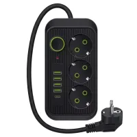 Мережевий фільтр Power Socket F09U 2500 Вт 2 м чорний • Подовжувач Power Socket F09U на 3 розетки з 4 USB, PD Type-C і вимикачем