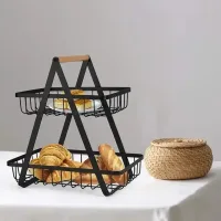 Настільний двоярусний кошик - фруктівниця з дерев'яною ручкою Double Fruit Basket · Розбірний металевий кошик для фруктів