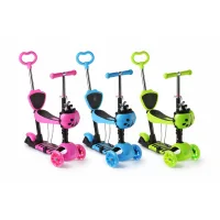 Трехколесный детский самокат 5 в 1 с родительской ручкой и сиденьем Scooter ∙ Самокат трансформер 18-1 для детей со светящимися колесами, регулируемой высотой руля и корзиной