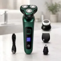 Електробритва 4 в 1 Shaver 9D зелена • Чоловіча акумуляторна роторна бритва з тримером, насадкою для носа, щіткою для обличчя та LCD-дисплеєм