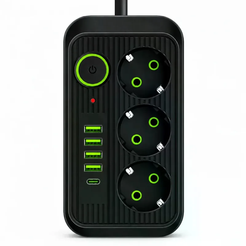 Мережевий фільтр Power Socket F09U 2500 Вт 2 м чорний • Подовжувач Power Socket F09U на 3 розетки з 4 USB, PD Type-C і вимикачем